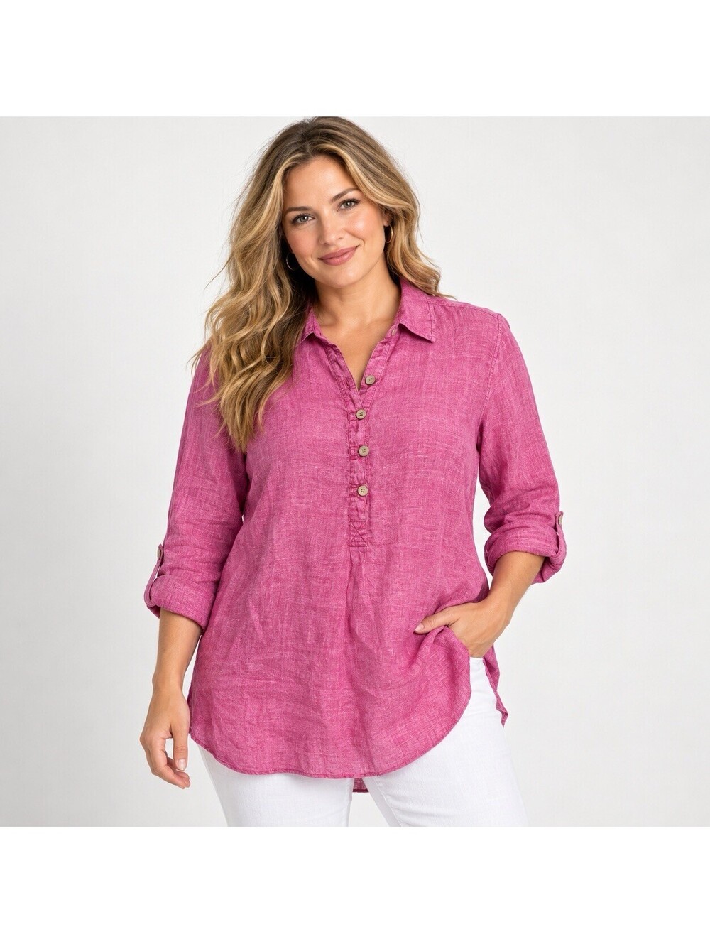 Sigrid Olsen Pink 100% Linen Tunic Blouse Women’s 1X Coastal Boho Lagenlook